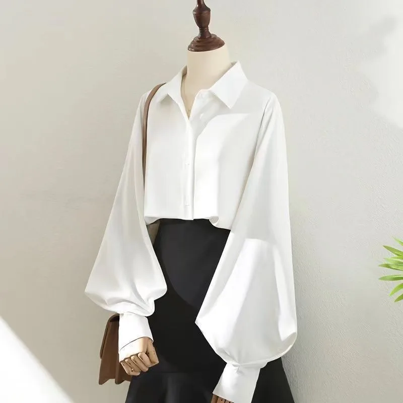 DAYIFUN Office Ladies Temperament Shirts Korean All Season Solid Color Long Sleeved Oversized Tops Turn Down Collar Blouses