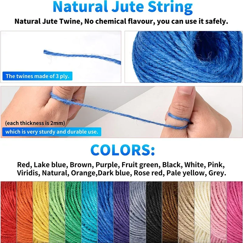 100M/Roll Colorful Jute Twine 2mm 3 Strands Natural Jute String Cords Burlap Ropes For DIY Crafts Gift Wrapping Picture Display