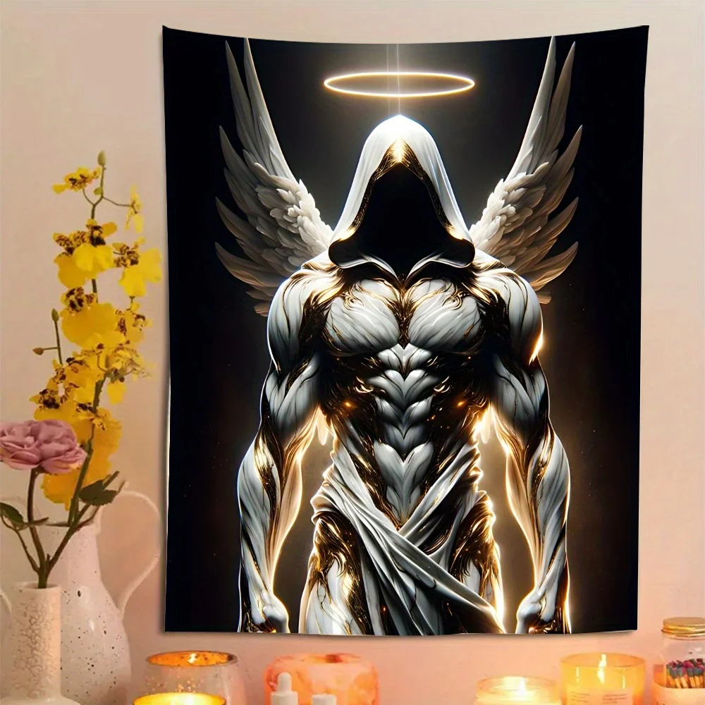 Divine Guardian Angel Warrior Polyester Tapestry Wall Hanging Stitched Edges Washable Fiber Art Decor With Free Installation Kit