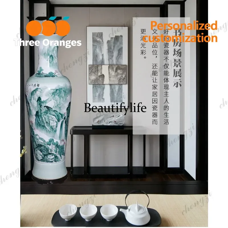 R134 Ceramic floor-to-ceiling large vase hand-painted splendid river mountain Chinese home living room decorative art ornament