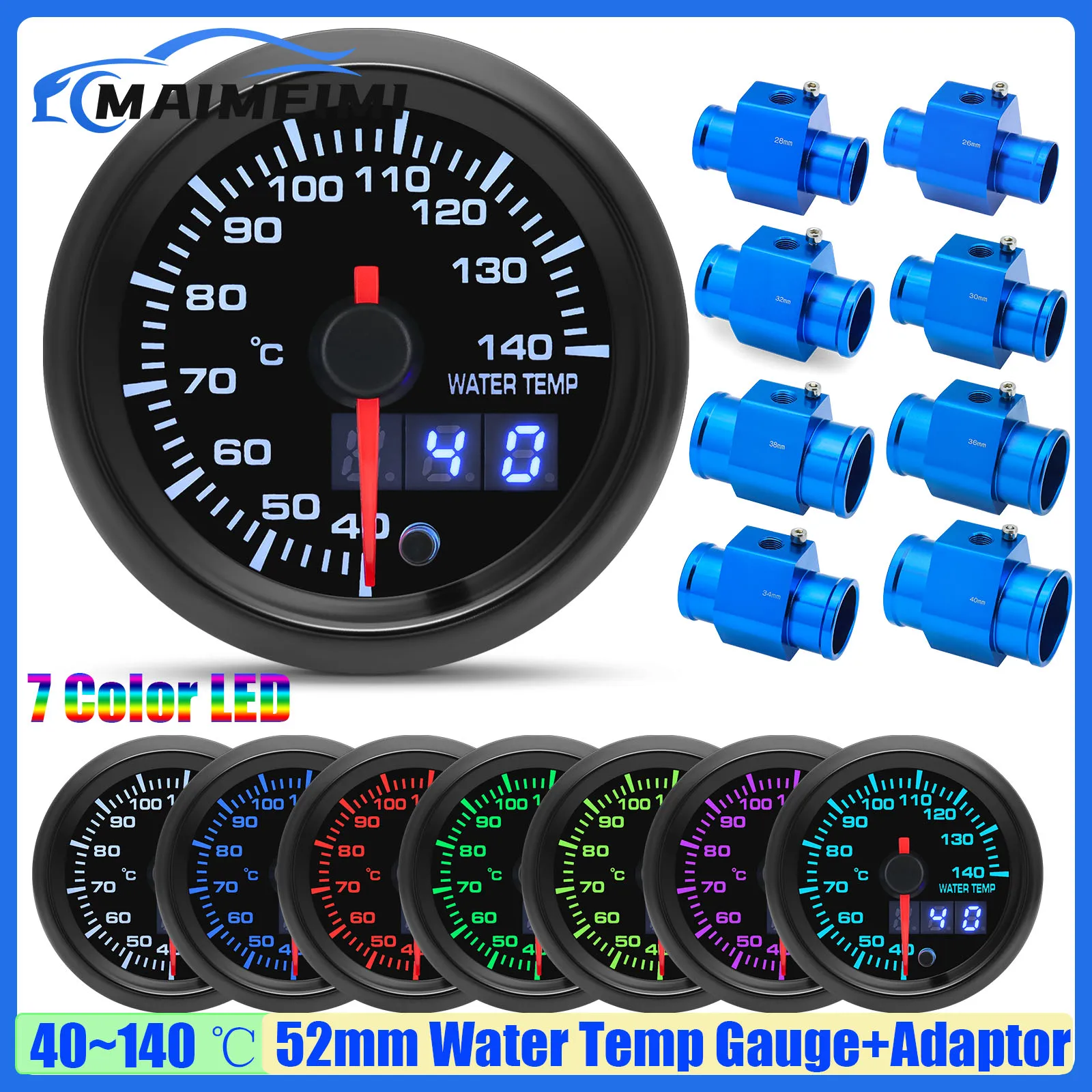 

MAIMEIMI 7 Color LED 52mm Water Temperature Gauge with Sensor Temp Joint Pipe Sensor 26mm-40mm Hose Adapter for Petrol Car 12V