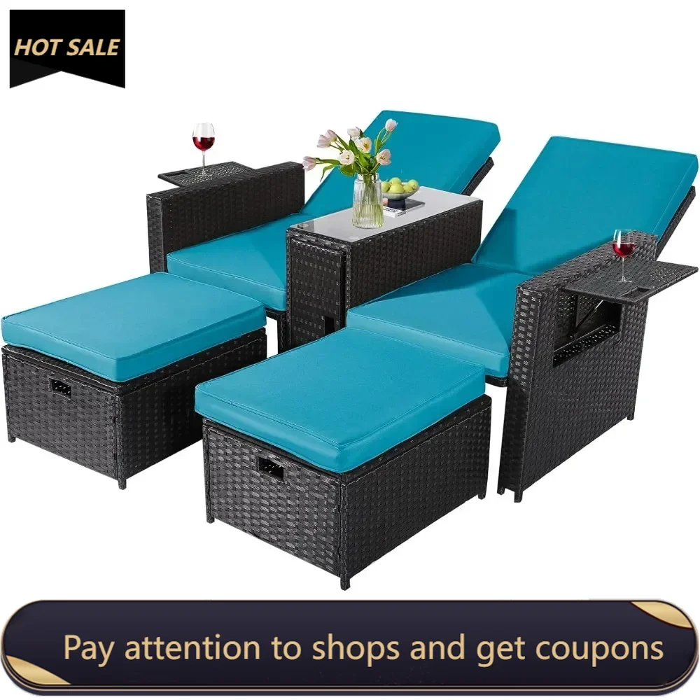 

5PCS Outdoor Wicker Chaise Lounge Chair - Rattan Adjustable Reclining Patio Lounge Chair With Ottoman and Coffee Table Picnic