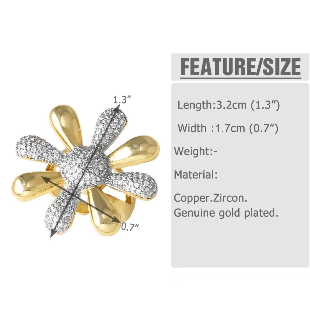 OCESRIO Fashion White Crystal Flower Statement Rings for Women Copper Gold Plated Crossover Open Ring Jewelry Girl Gift rign99