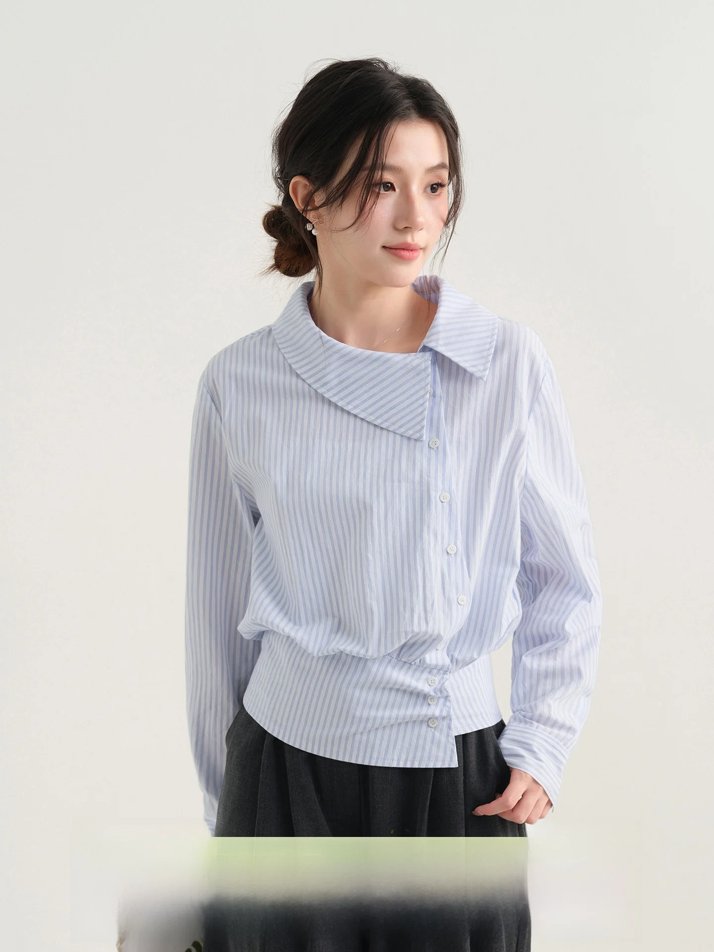 

Деревянная расцветка в корейском стиле, полосатая, с длинным рукавом, женская, с отложным воротником, хлопковая, дышащая, в интеллектуальном стиле