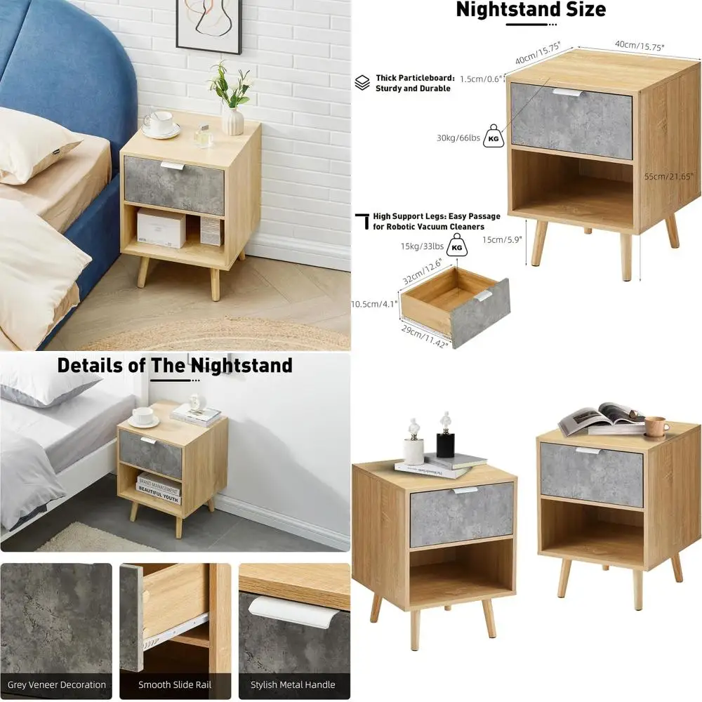 

Pair of Modern Nightstands, Natural Wood Bedside Tables with Grey Drawers and Open Storage, Minimalist End Tables for Bedroom an