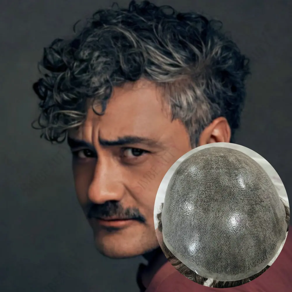 

25 мм вьющийся мужской парик из искусственной кожи 0,1 мм, полная кожа, капиллярный протез из искусственной кожи, индийский парик из человеческих волос 1B40, серый, черный, натуральный парик