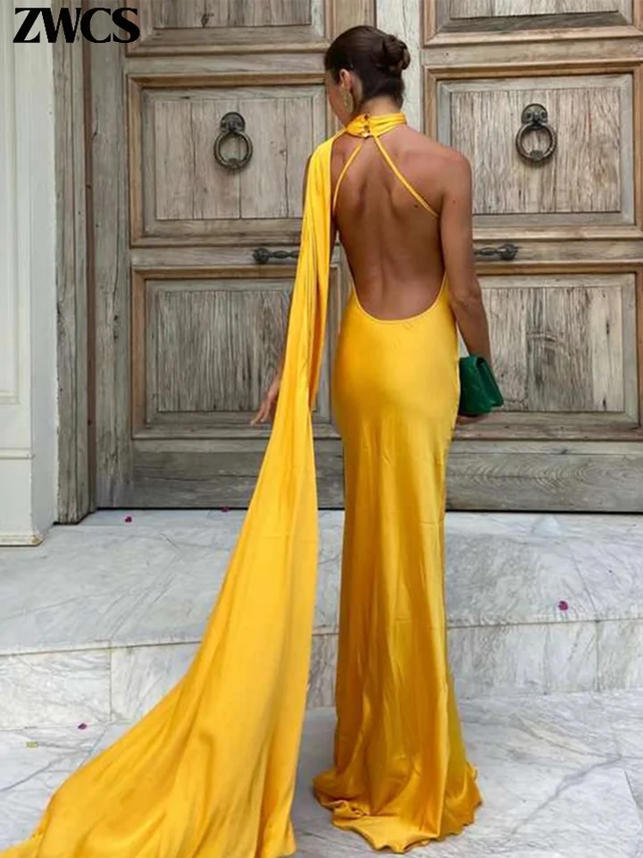 Vestido de fiesta elegante con lazo de satén y cuello halter para mujer, sexy de espalda descubierta, sin mangas, sin hombros, bata, nuevo verano 2026, vestido de noche para dama 5