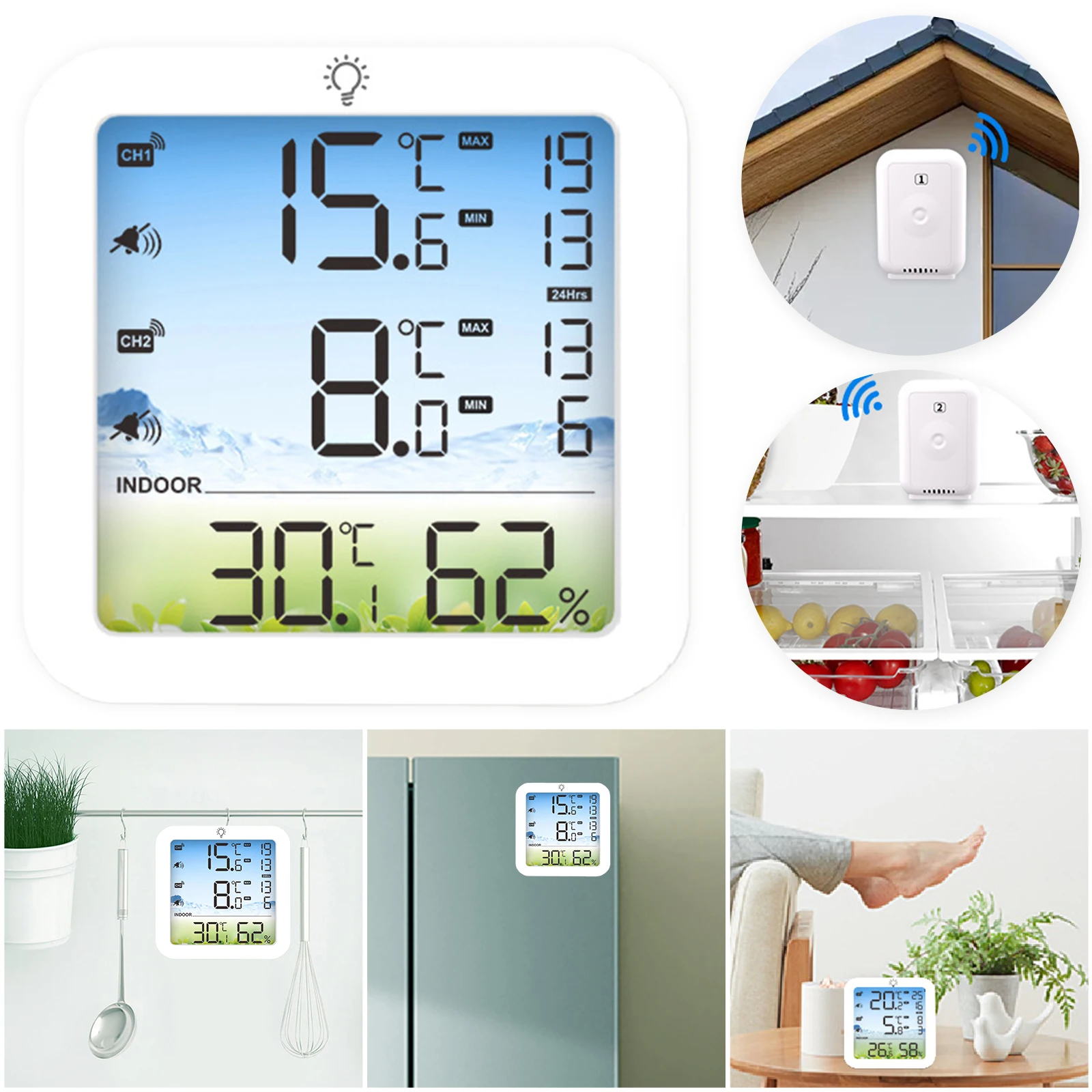 

Цифровой термометр для холодильника с датчиками температуры и влажности, 2 дистанционных датчика, с функцией сигнализации, дальность действия 328 футов/100 м, дисплей с подсветкой