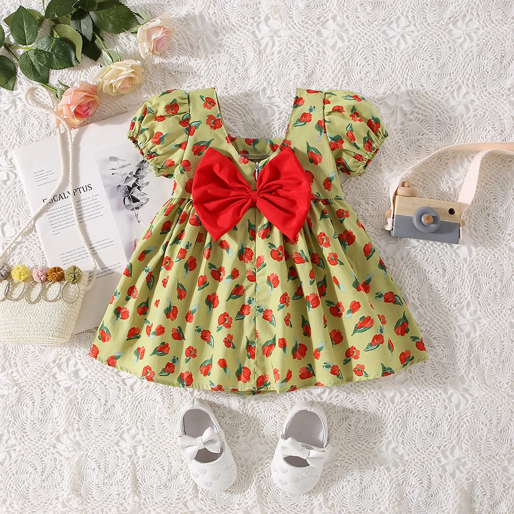 0-3-year-old girl dress summer baby girl big bow full flower print square neck bubble sleeve princess dress