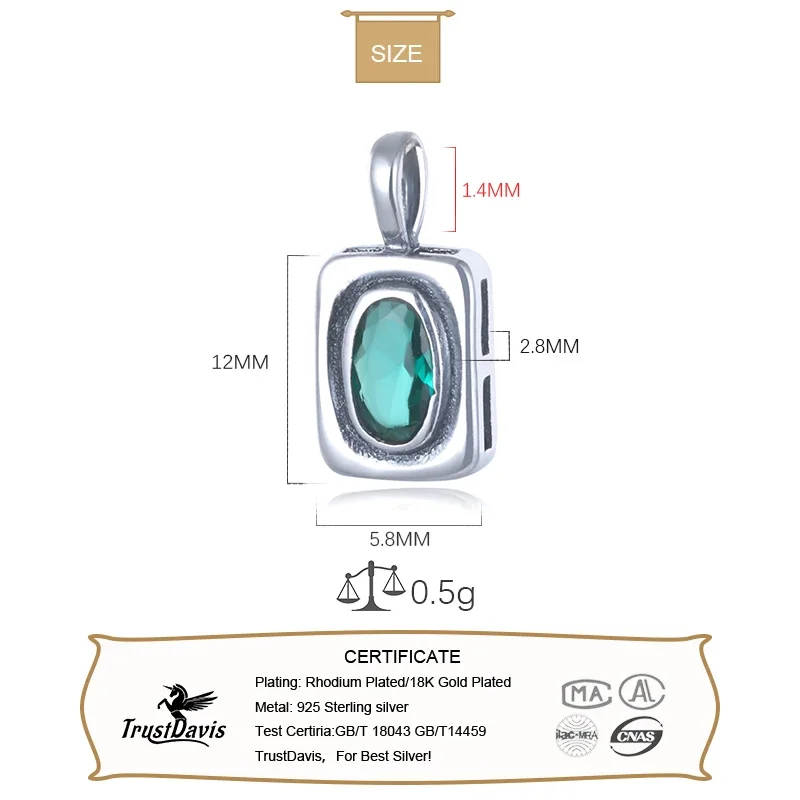 TrustDavis Real 925 Sterling Silver Sweet Green CZ Rectangle Pendant Handmade DIY Necklace Accessories Fine S925 Jewelry HY844