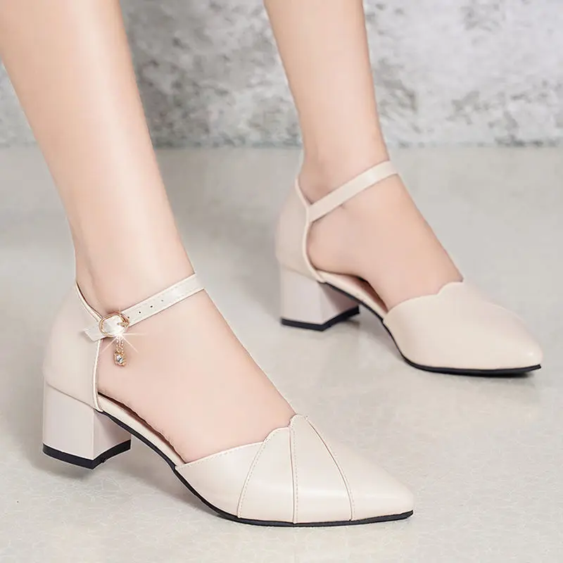 Soft Leather Elegant Medium Heel Women\'s Shoes Pumps Summer New Fashion Pointed Toe Work Buckle Strap Square Heel Sandals Spring