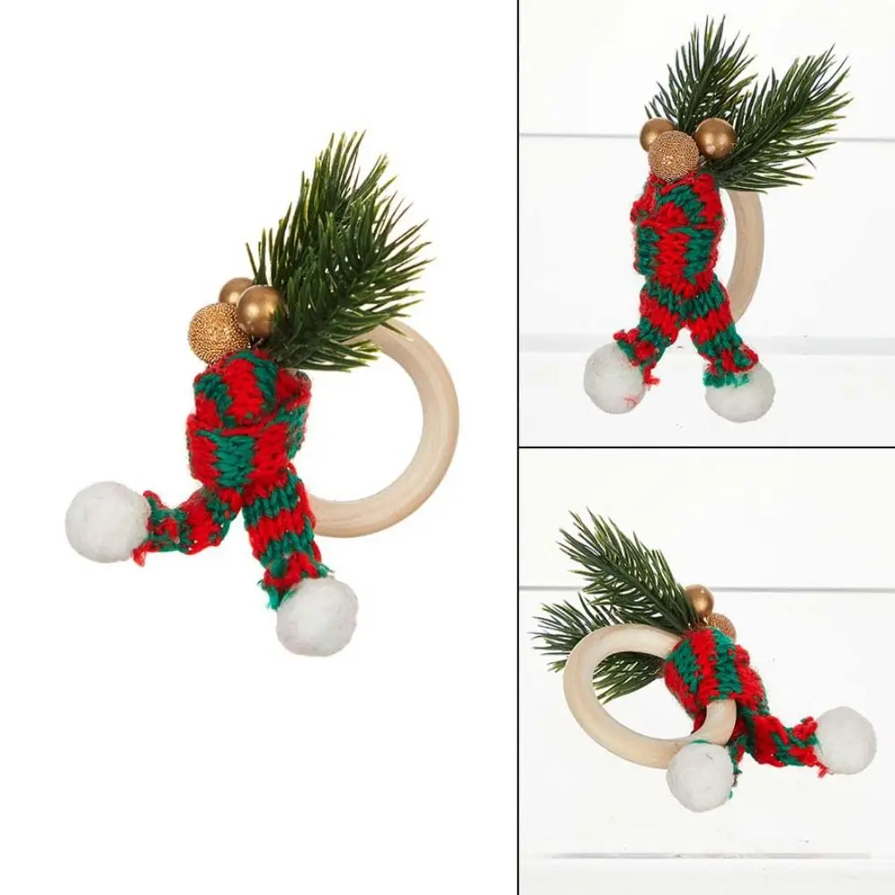 6pcs Knitted Crochet Christmas Hat Napkin Rings Handmade Reusable Napkins Holder Wood Eco-friendly Napkin Buckle Hotel
