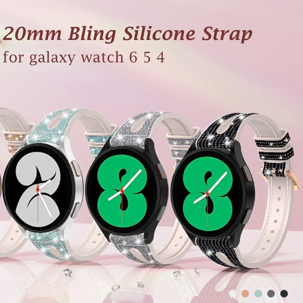 20mm Bling Strap for Samsung Galaxy Watch 7/6/5/4 40mm 44mm 42mm 46mm Glitter Elegant Silicone Bracelet for Galaxy Watch 3 41mm