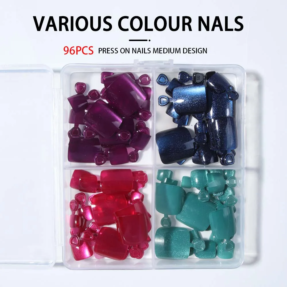 96 قطعة/صندوق (4 مختلط) أظافر صغيرة لأصابع القدم عيون القط اضغط على الأظافر أظافر صناعية قصيرة مثالية من الأكريليك، تتضمن: قطعة واحدة من غراء الجيلي و #4