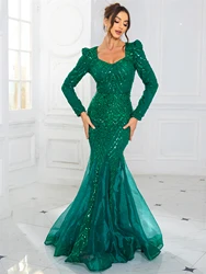 Full Sleeved Fishtail Sparkle Sequined Maxi Dress Evening Party V Neck Elegant Patchwork Organza Prom Gown Green Navy