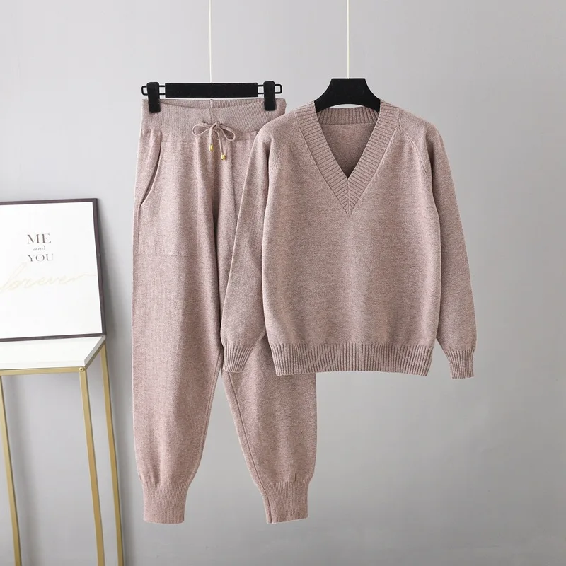 Fall Winter New Knit 2 Pieces Sets Women V-neck Knitwears Sweater Pullover Tops Conjuntos Korean High Waist Harem Pants Outfit