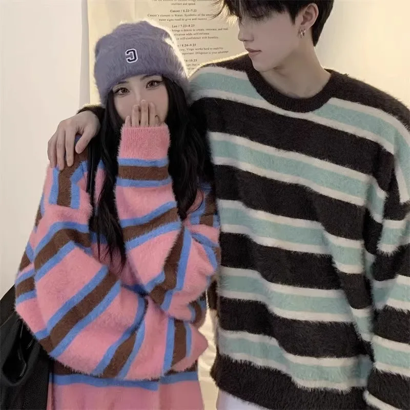 Striped Patchwork Couples Pullovers Men Winter Baggy Jumpers Knitwear Ulzzang Ins Unisex Teens Youthful Vitality Harajuku Y2k