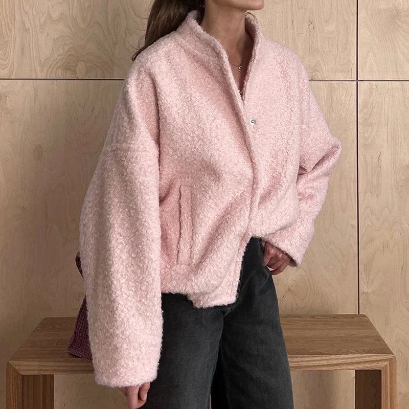 BKLD Casual Fashion Style Women's Pink Fleece Thick Warm Jackets Simple Elegant Stand Collar Long Sleeve Pockets Loose Fit Coats