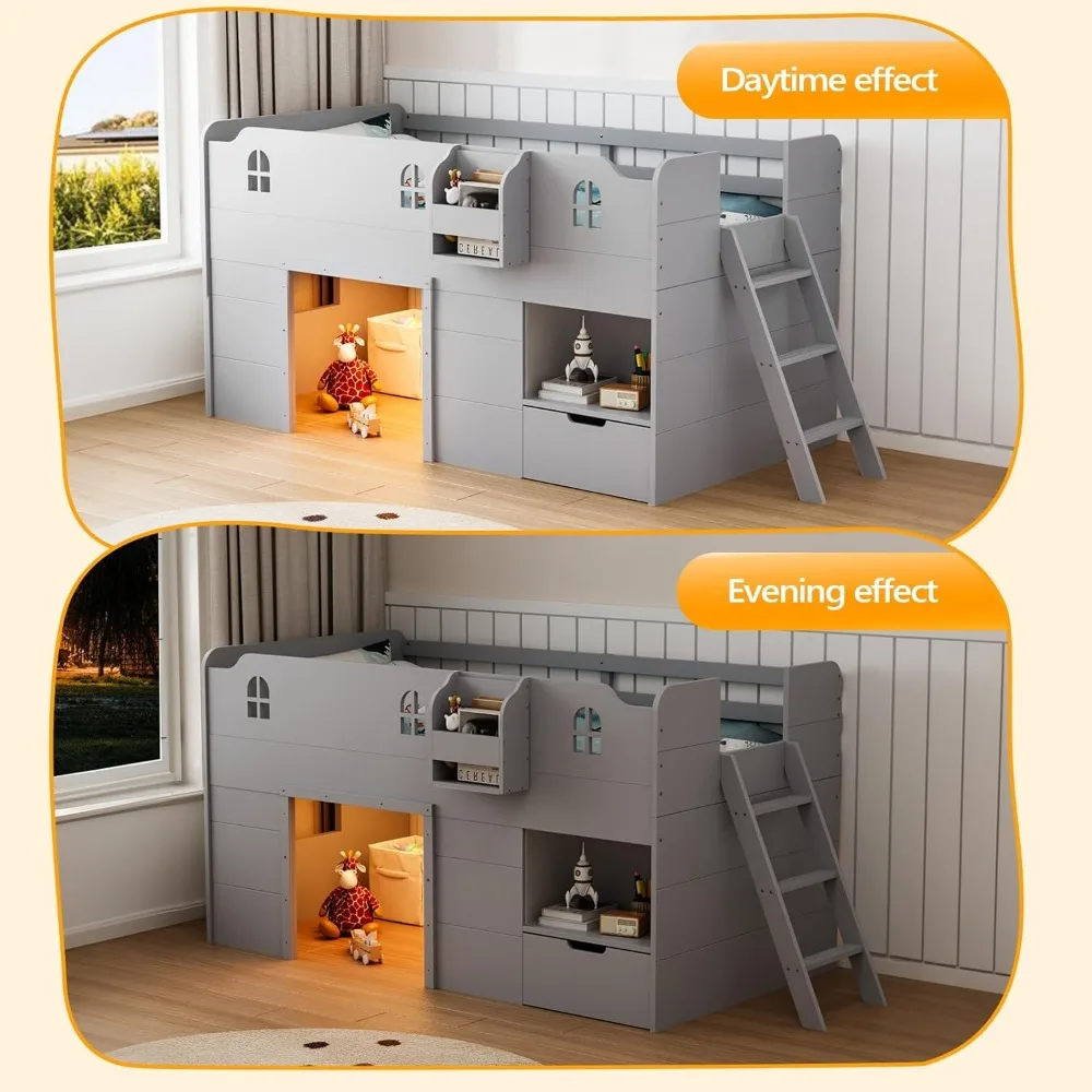 سرير علوي مزدوج الحجم مع إضاءة LED، وسرير علوي منخفض لدرج التخزين، ونمط المزرعة الحديثة مع درابزين ونافذة