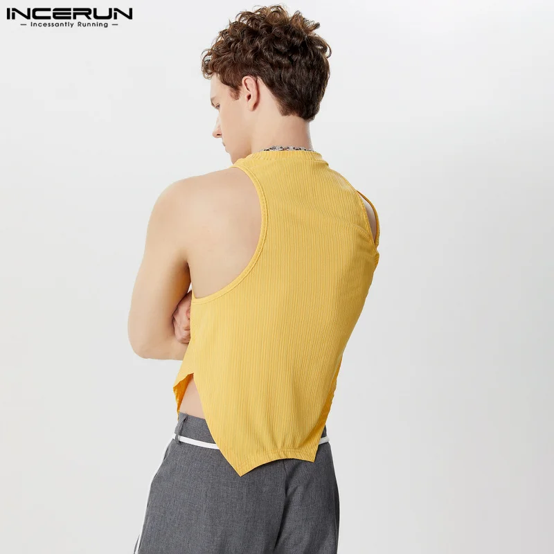 INCERUN Men Irregular Tank Tops Solid Color Hollow Out O-neck Sleeveless Male Vests Summer Streetwear 2024 Fashion Crop Tops Men