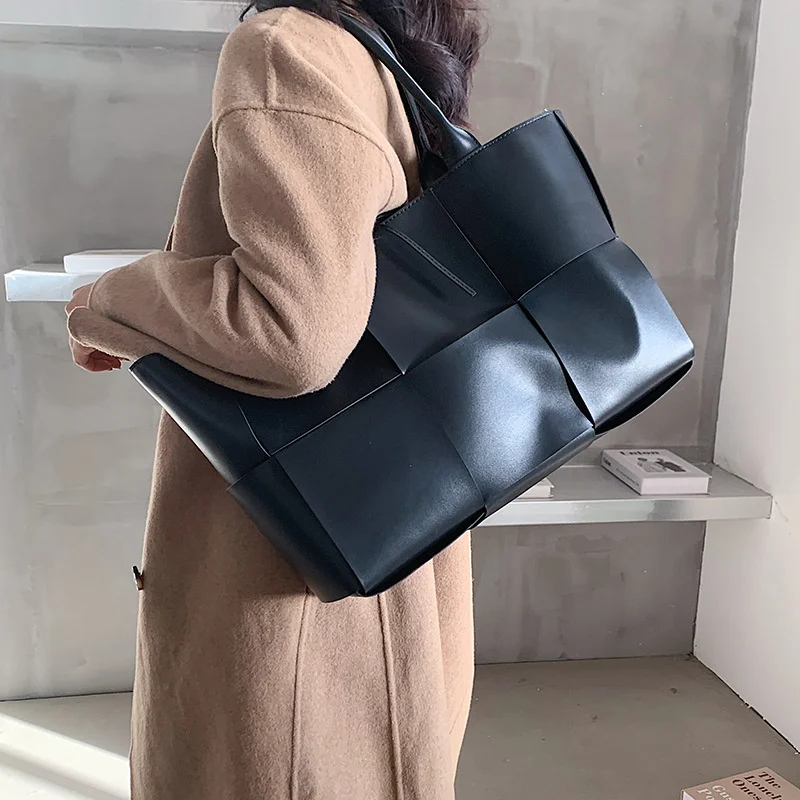 Weave PU Leather Large Capacity Bags For Women 2020 Autumn Fashion Solid Color Shoulder Bag Female Travel Totes Bag