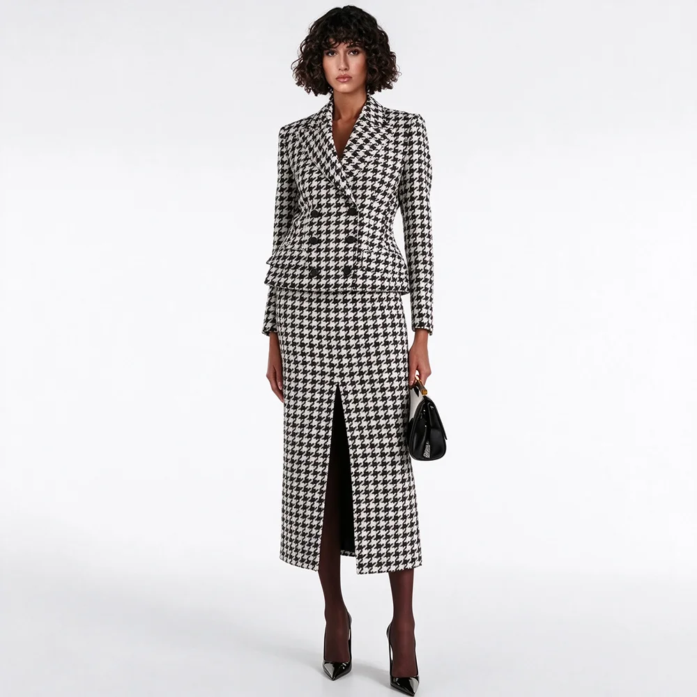 Modern Stylish Houndstooth Peak Lapel Suit For Women Classic Double Breasted 2 Pieces (Jacket+Skirt) Daily Office Formal Outfits