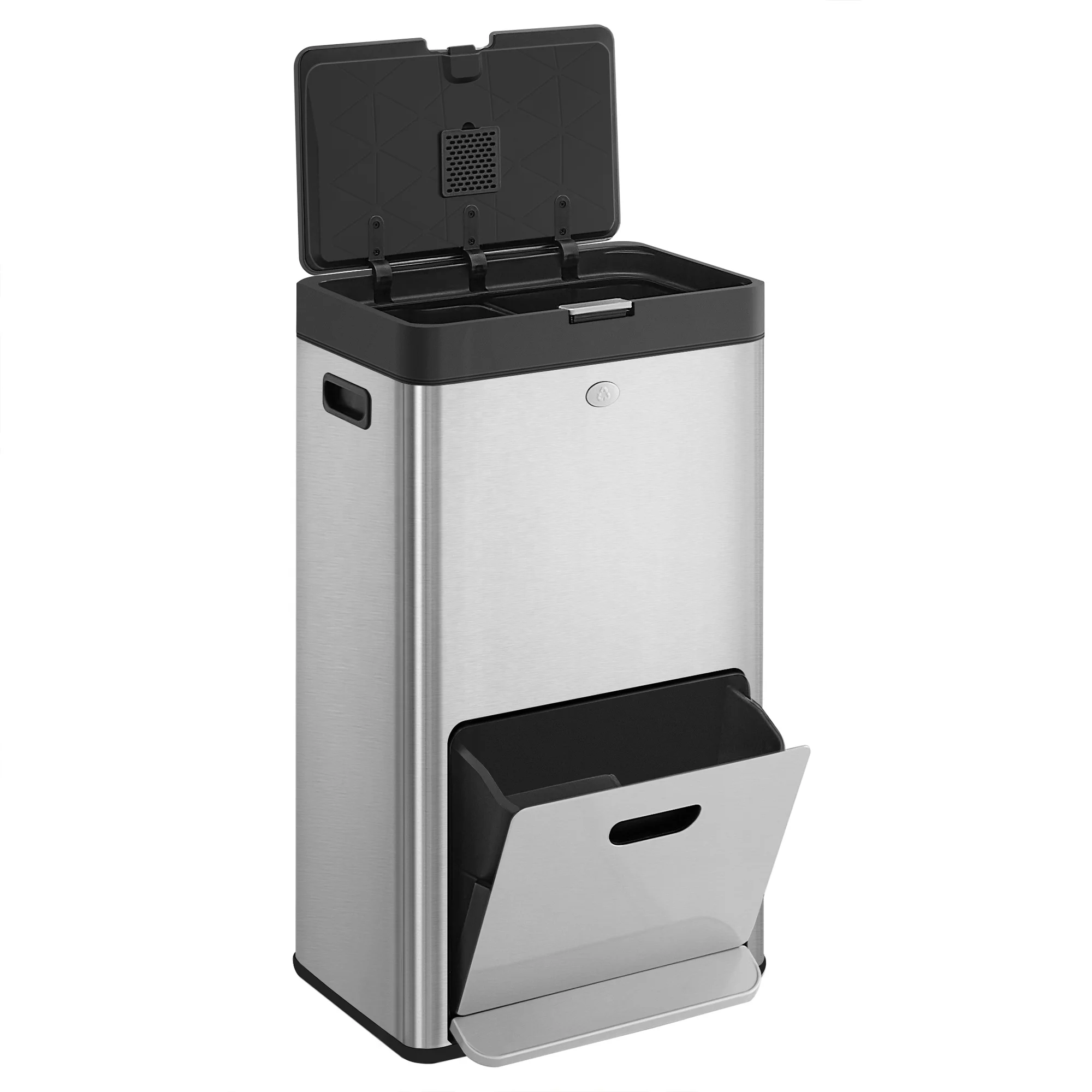 3 compartments Stacked sorting trash can for kitchen, 60L dry and wet separation trash can with carbon filter