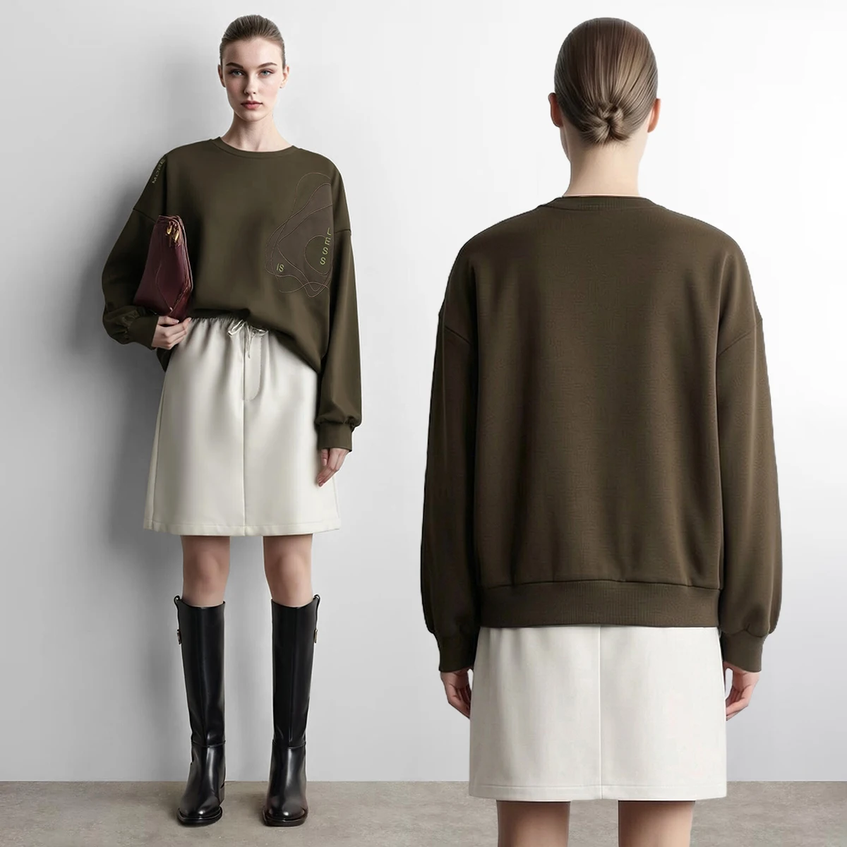 Amii Woman Sweatshirts 2026 Autumn New Crew Neck Drop Shoulder Long-sleeve Top Letter Embroidered Loose Casual Sweater 12623010