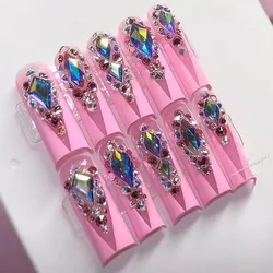 Custom Handmade Luxury XXL Long Square Pink Press On Nails Rhinestone Artificial Nails False Nails Reusable Fake Nail With Glue
