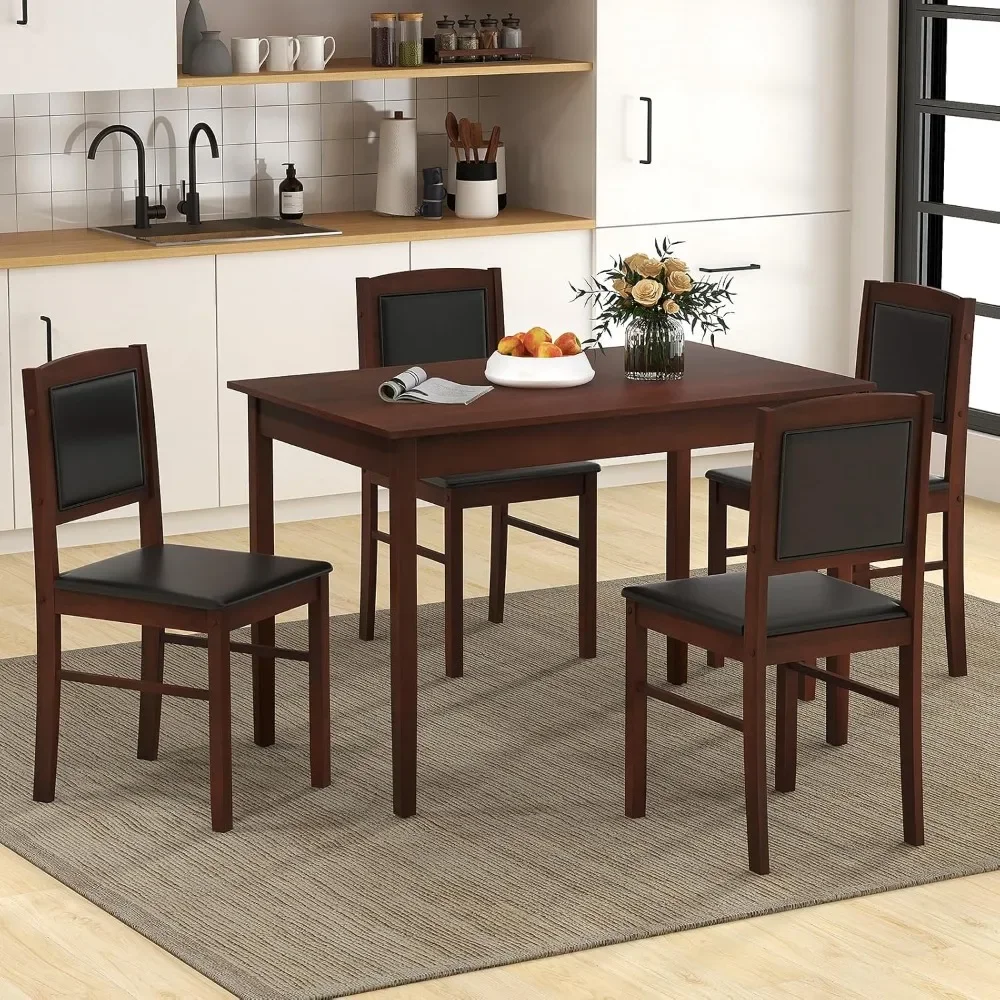 

5-Piece Dining Table Set for 4, Rectangular Kitchen Table & 4 Chairs with Solid Wood Legs, Padded Seat & Backrest