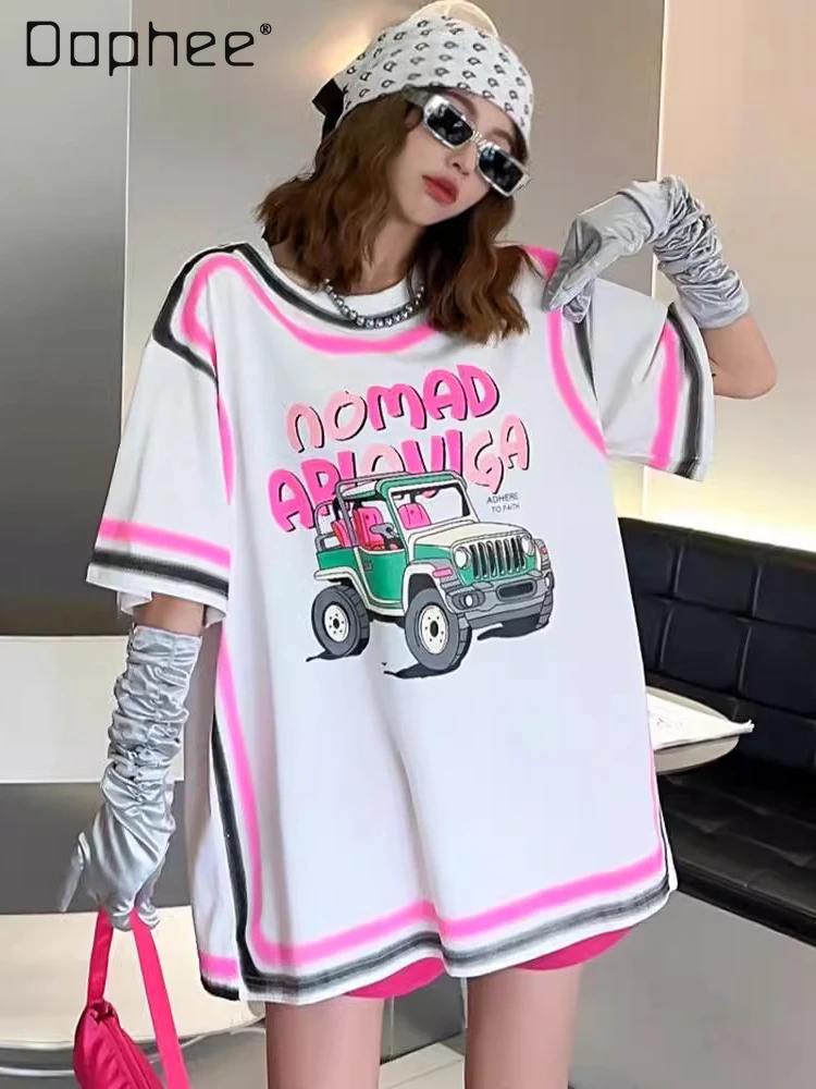 

Street Style Cartoon Letter Short-Sleeved T-shirt Female 2024 Spring Summer New Round Neck Loose Contrast Color Cotton Top Women