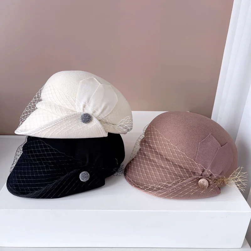 Stylish Japanese gauze cuffed cap Autumn and winter new Australian wool felt hat elegant equestrian hat ladies banquet fedora