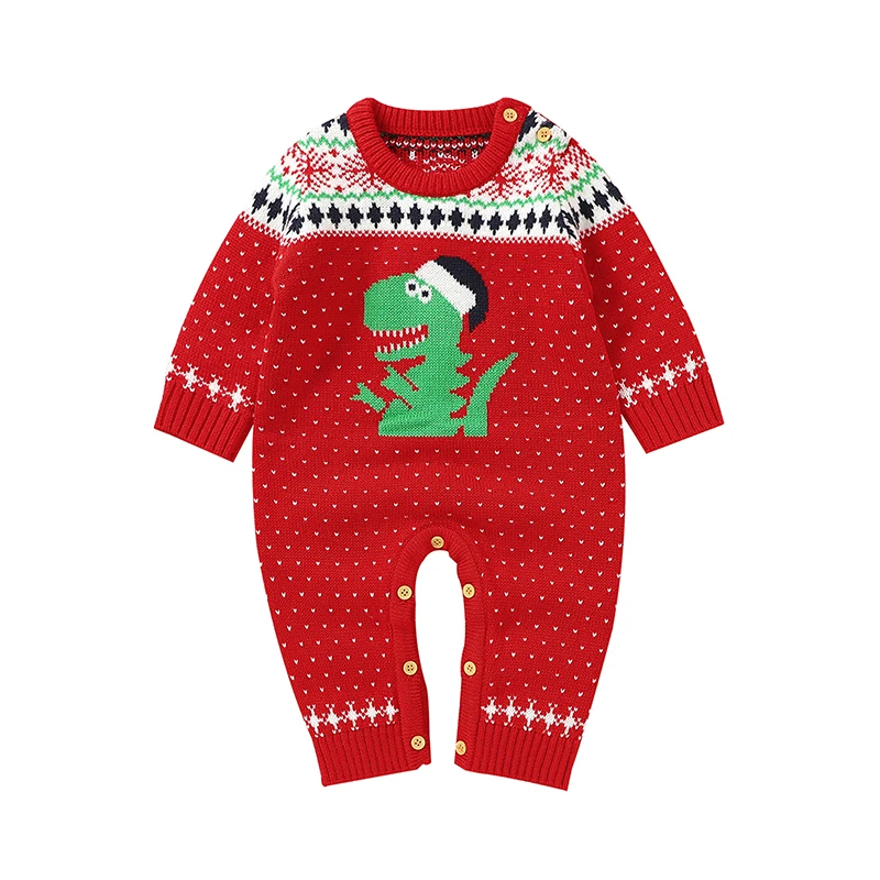 

Baby Boys Girl Romper, Christmas Long Sleeve Round Neck Knitting Dinosaur Loose Crotch Button Romper