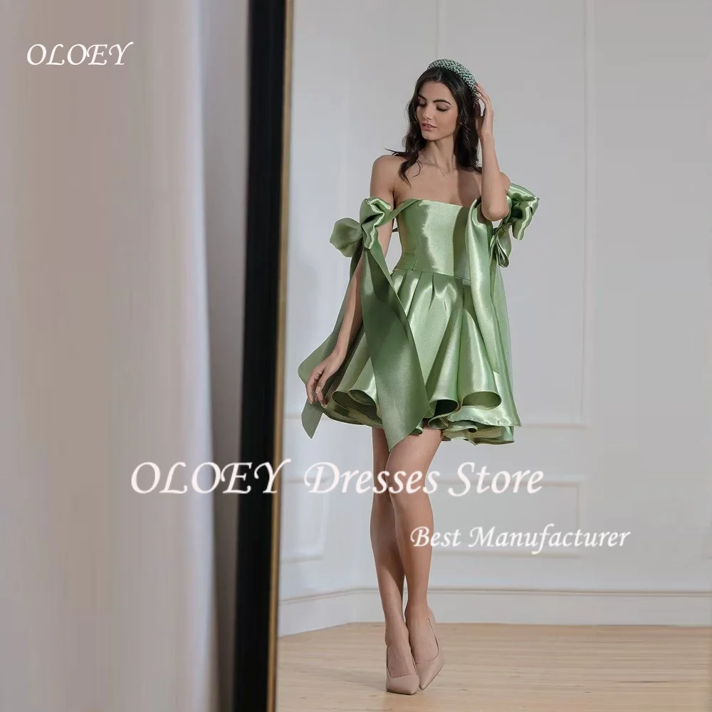 

OLOEY Green Satin Short Evening Dresses Off The Shoulder A-Line Prom Dresses Birthday Party Gowns Train Lace Up Back Customized