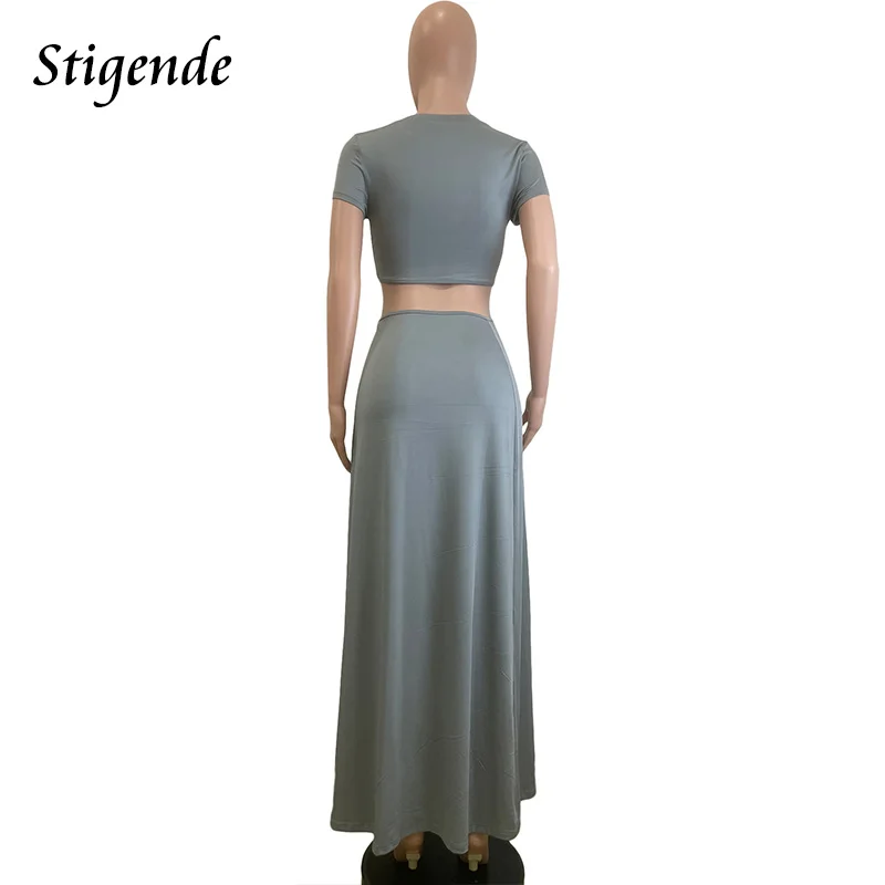 Stigende Women Sexy Patchwork Beading Two Piece Set Open Front Irregular Crop Top and Long Skirt