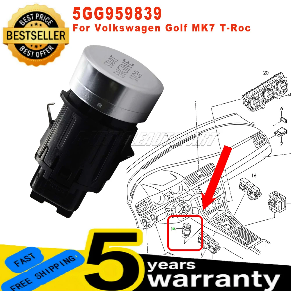 New 5GG959839 For VW Golf MK7 T-Roc 1 Pc Engine Start Stop Button Ignition Switch 4 Pins Black Easy Installation Car Accessories