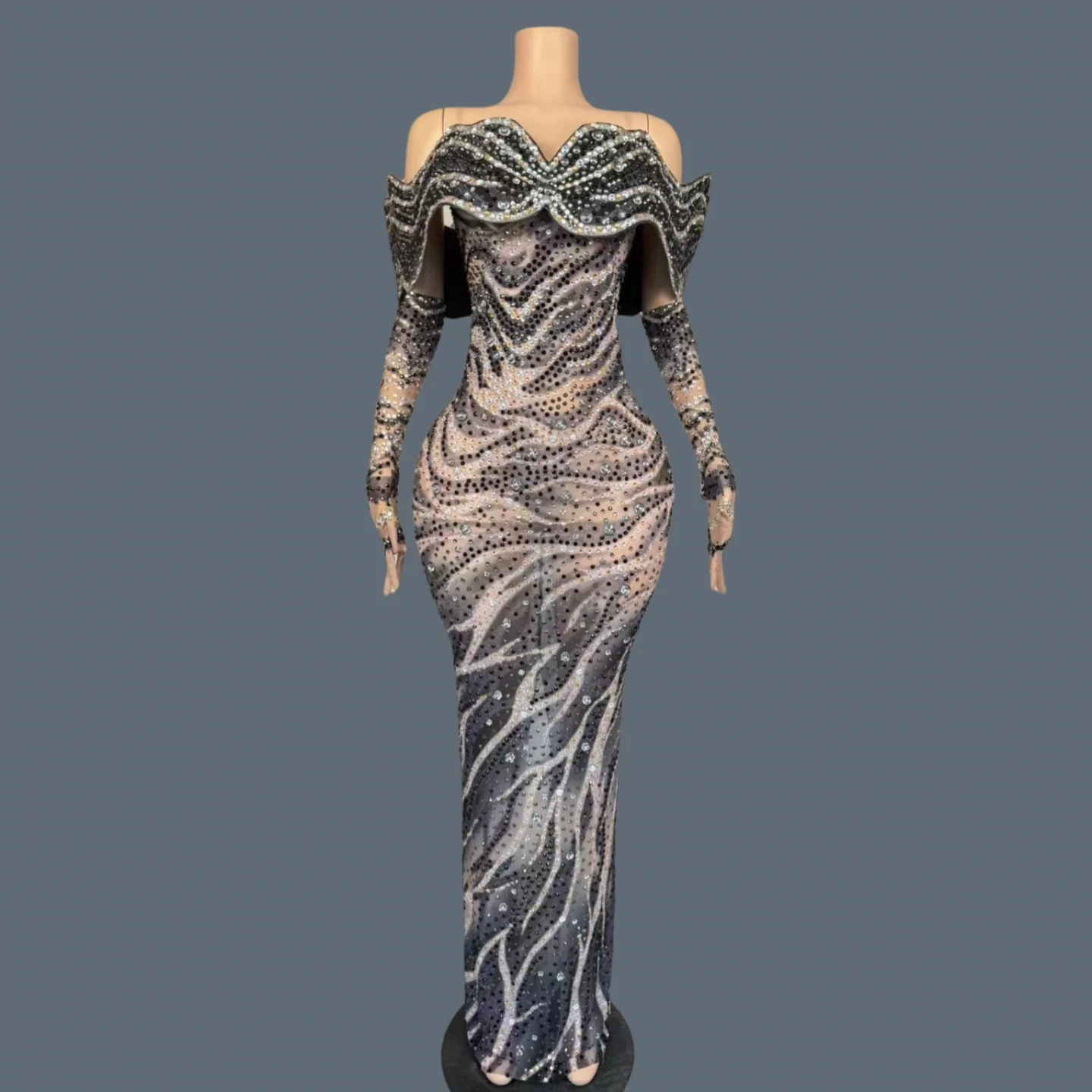 

Trendy Nightclub Party Stage Performance Outfit Tight Fitting Long Dress Sexy Women High-end Rhinestone Blue Evening Gown Aorun