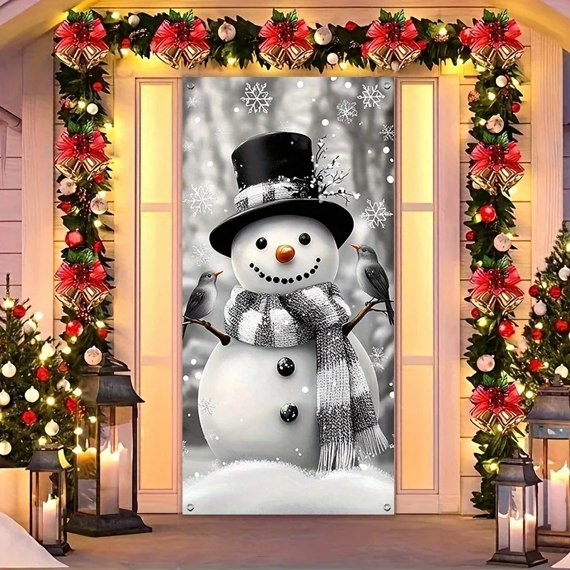 Drapeau de porte 2D, 1 drapeau de porte de bonhomme de neige festif - scène miracle d'hiver à carreaux noir et blanc avec flocons de neige,