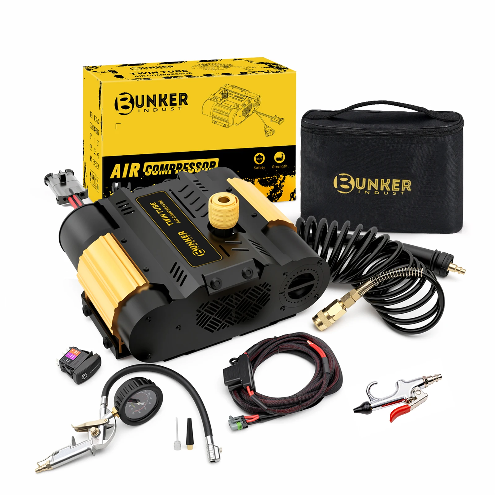 12V Air Compressor Twin Motor Dual Cylinder Tire Inflator 100% Duty Cycle 33 Inch Tire 0-30 PSI 2.5 Min