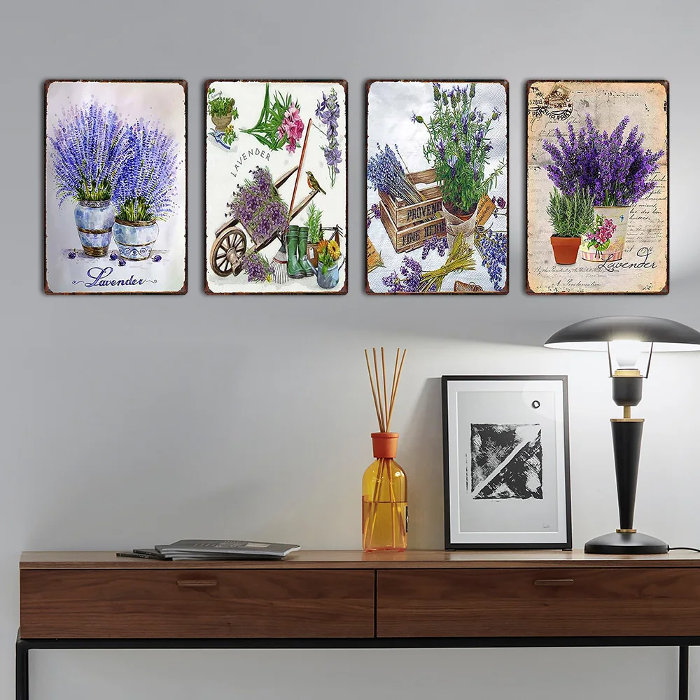Lavender Metal Plate Flower Farmhouse Tin Signs Plaque Vintage Wall Art Poster Home Garden Decor 20x30cm