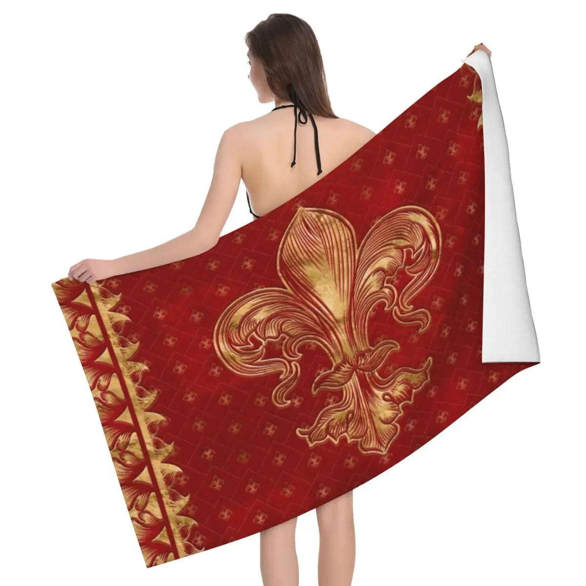 

Fleur De Lis Ornament Luxury Red Beach Towel Quick Dry Ancient Symbol Sacred Lily Flower Super Soft Microfiber Bath Sauna Towels