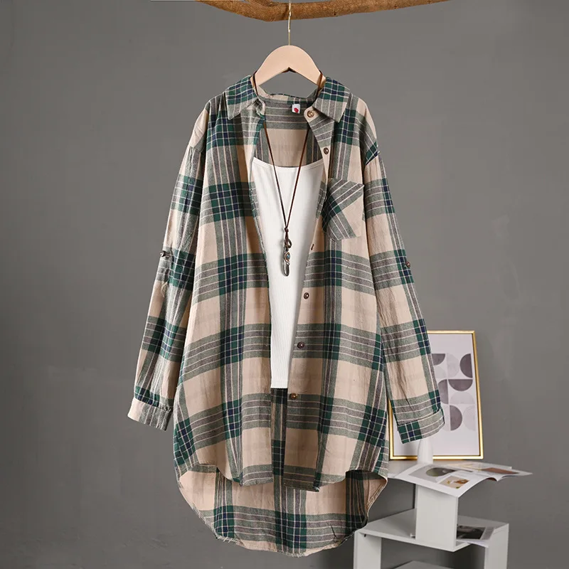 

Long Sleeve Linen Shirt Women Oversized Plaid Coat Cover Hips Cotton Loose Top Fashion Elegant Plus Size Comfort Trendy Stylish