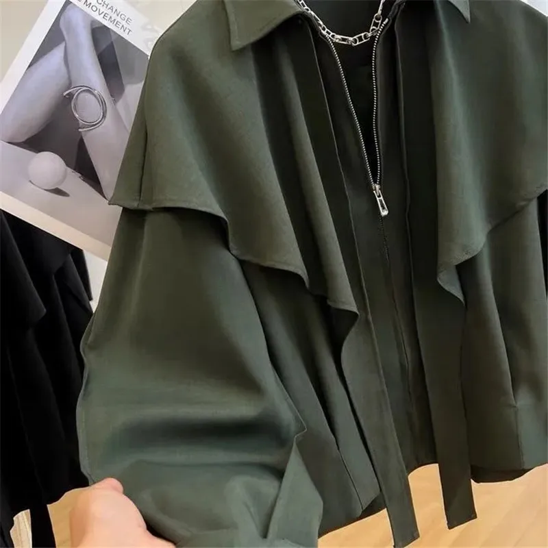 2025 ربيع الخريف جديد الإناث عباءة شال معطف قصير المرأة الكورية عادية فضفاض كم طويل سترة واقية أبلى بلوزات على الموضة W886