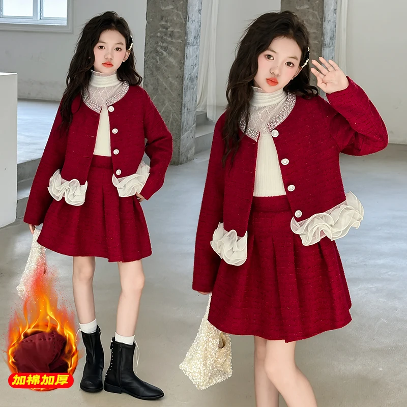 inverno chic ragazza adolescente vestiti spessi caldi Set giacca di pizzo con perline fatta a mano + gonna a pieghe 2 pezzi gonne per bambini junior vestito abiti per bambini