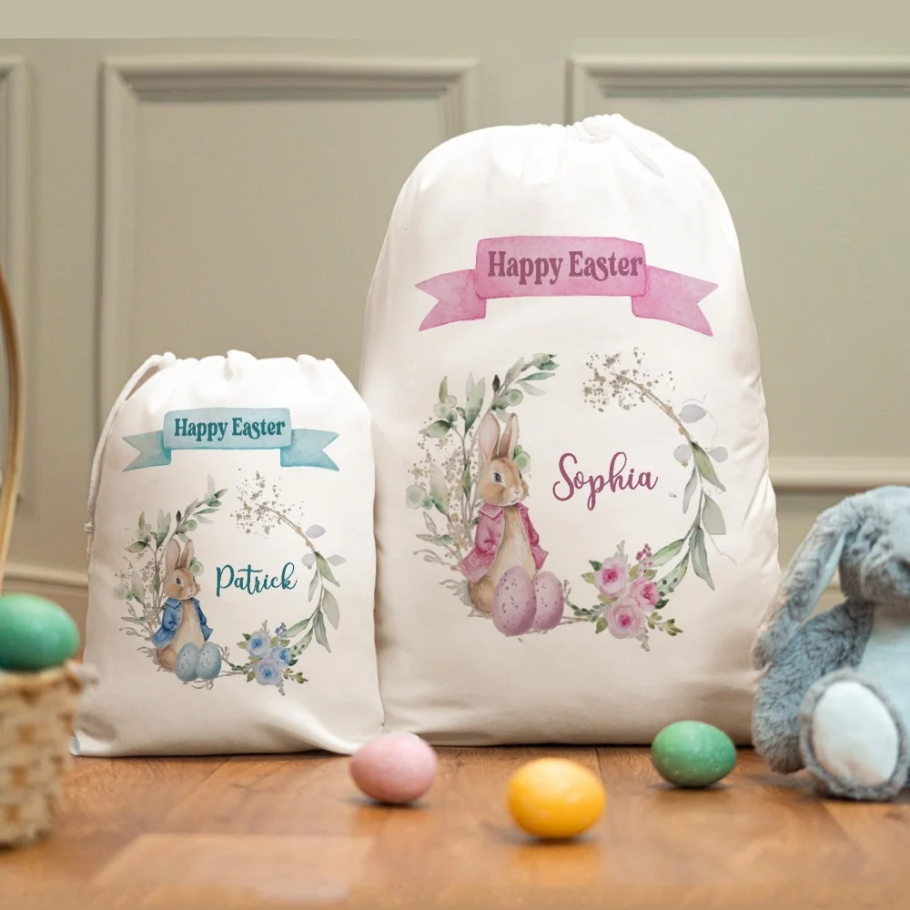 1Pc Personalized Custom Name/Text Easter Egg Hunt Event Imitation Hemp Gift Bag, Extra-Large Drawstring Closure Storage Bag