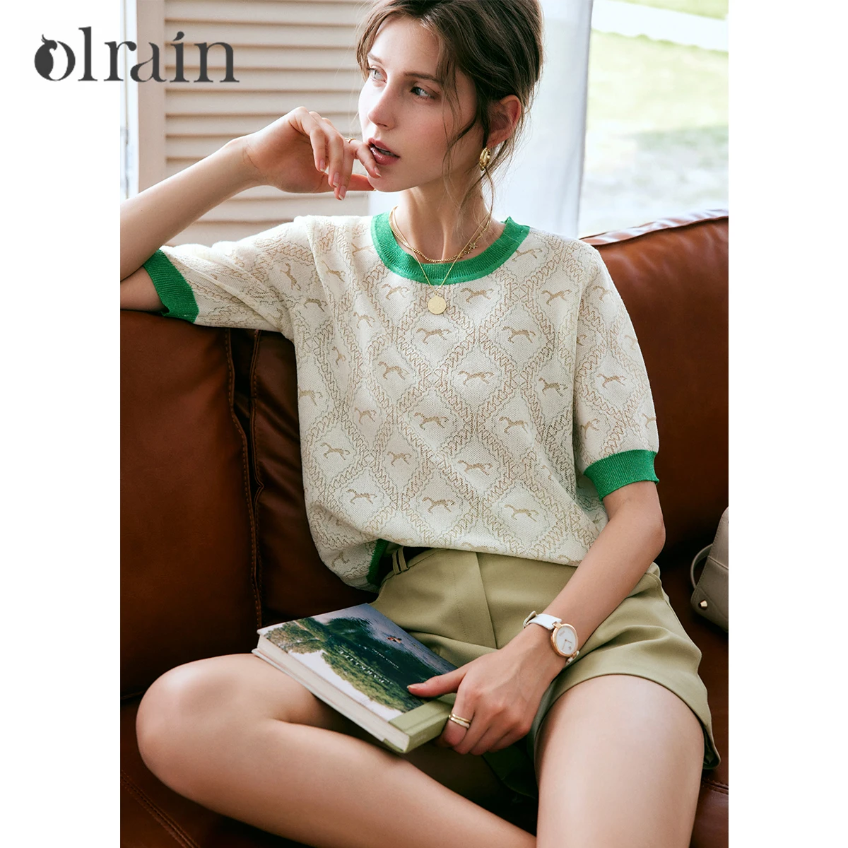 

OLrain Women Knitwear Jumpers 2025 Summer French Fashion Commute Pullover Ice Silk Knitted Sweater Loose Jacquard Top O22XZ60862