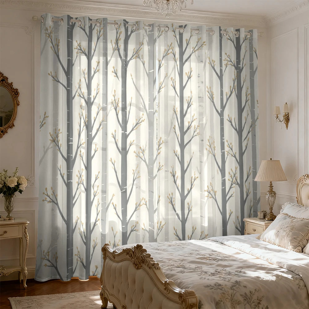 2pcs grey-toned birch forest-printed blackout curtains living rooms and bedrooms home decoration solution.