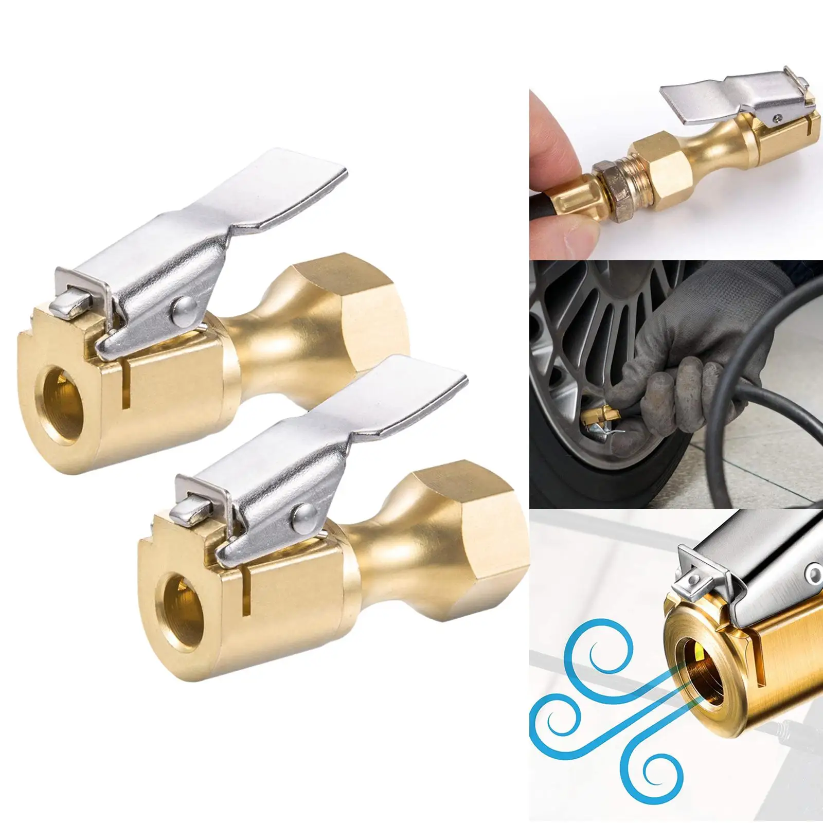 2Pcs Lock tire Air Chuck with Clip Universal Heavy Duty Tyre Valve Brass