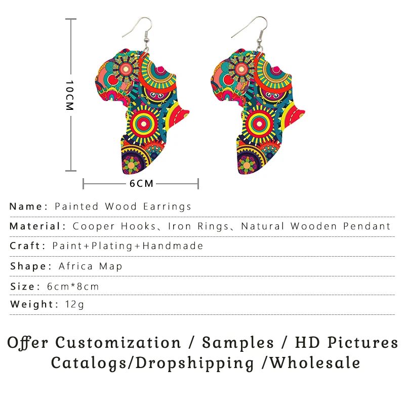 SOMEHOUR Afrocentric Ethnic Fabric Art Printed Wooden Drop Earrings Handmade African Map Pendant Dangle Jewelry For Women Gifts