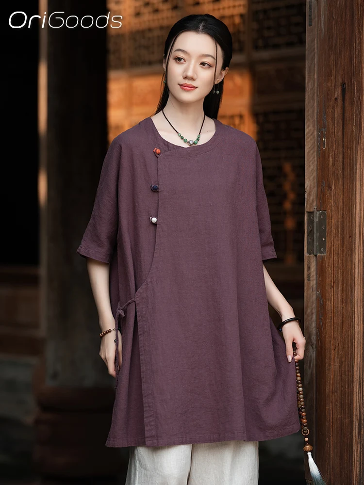 OriGoods surdimensionné longue Blouse lin 2025 été nouveau à manches courtes chemise longue femme Ramie coton Style chinois coupe ample haut C121